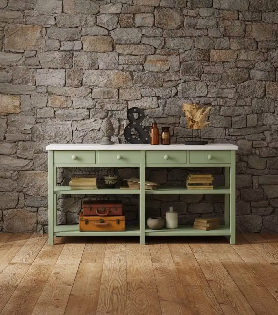 Bancone shabby chic in legno massello di abete con 4 cassetti e 2 ripiani Mobili 2G verde L: 200 cm, P: 50 cm, H: 105 cm – 1