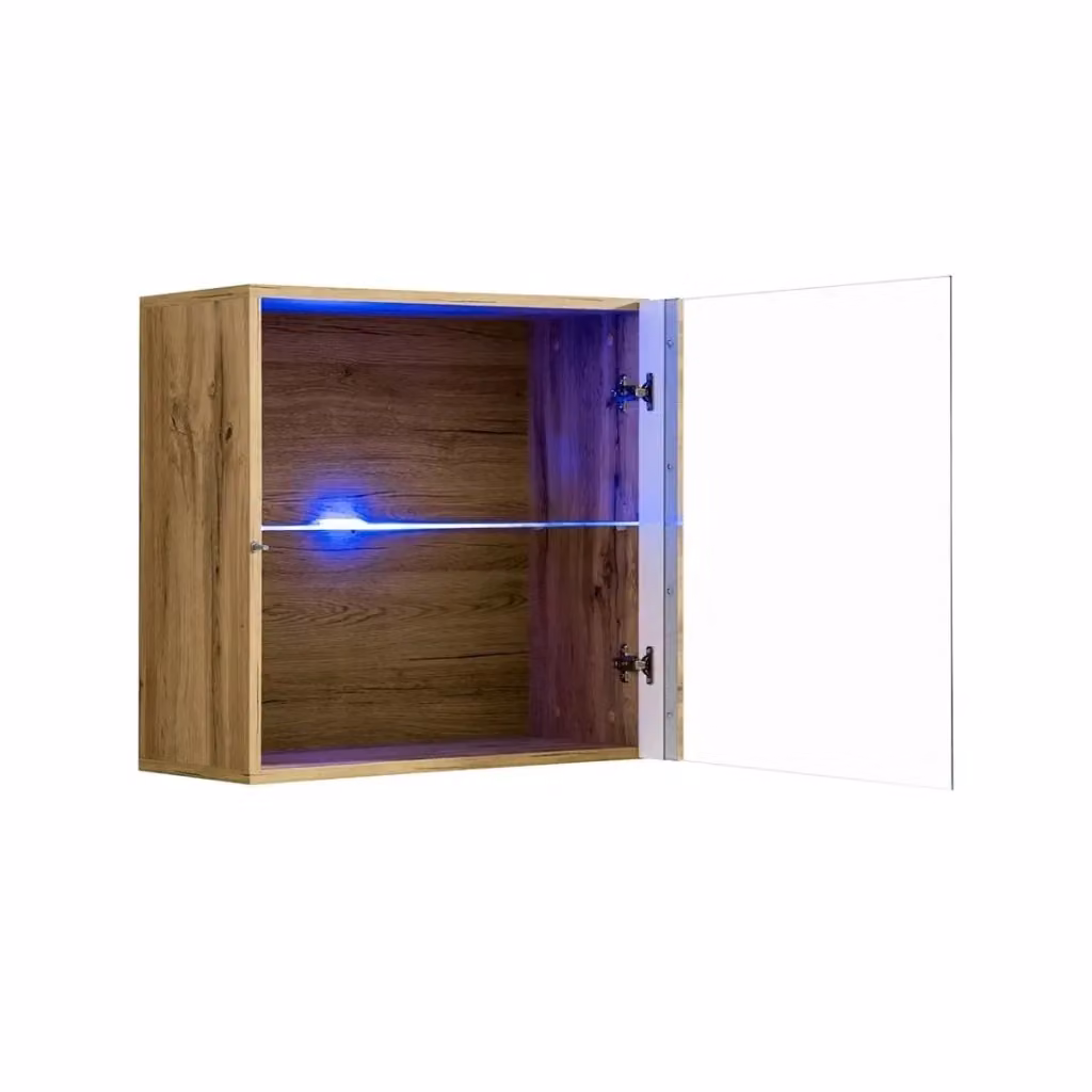 Vetrina sospesa Meublorama Collezione SWITCH colore rovere, con porta in vetro, ripiani interni e illuminazione LED integrata – 2
