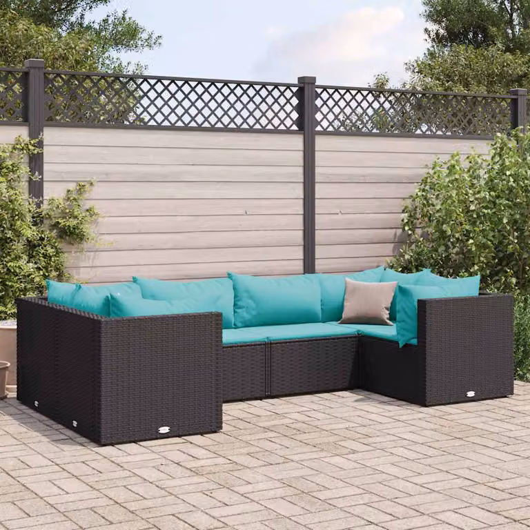 Set di mobili da giardino vidaXL a forma di L con 6 posti a sedere, struttura in metallo e rattan con cuscini blu e nero