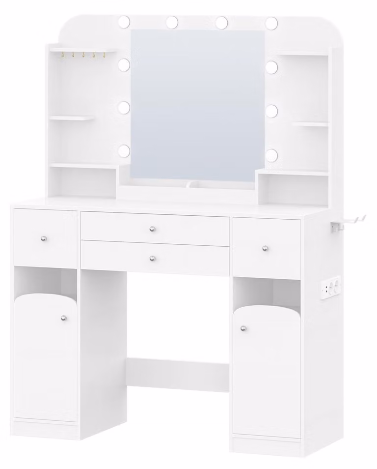 Tavolino da trucco - Comodino da trucco - Scrivania da trucco - Mobile per il trucco - Tavolino per gioielli - Bianco - Illuminazione a LED con alimentazione a corrente