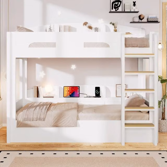 Letto a castello 90x200 con letto inferiore; scaffali laterali e presa USB; bianco