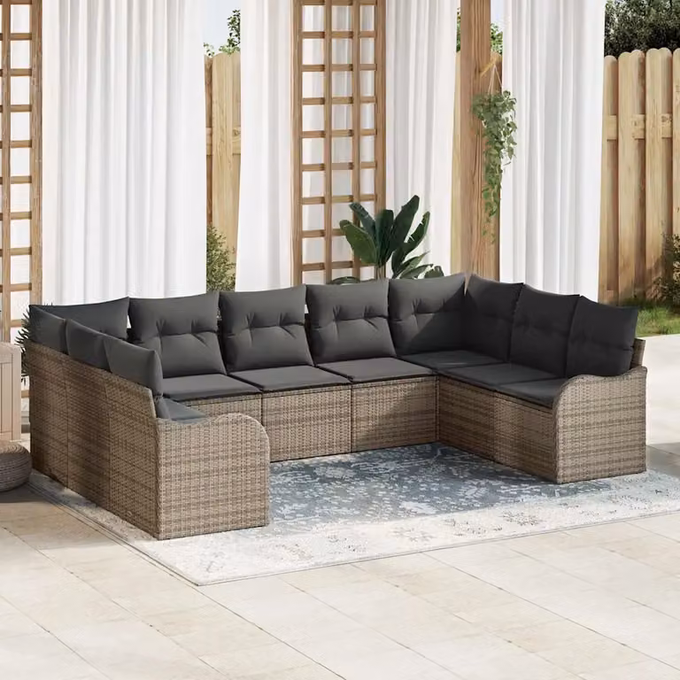 Set Divano da Giardino a L vidaXL in Polyrattan Grigio con Cuscini, 9 Pezzi