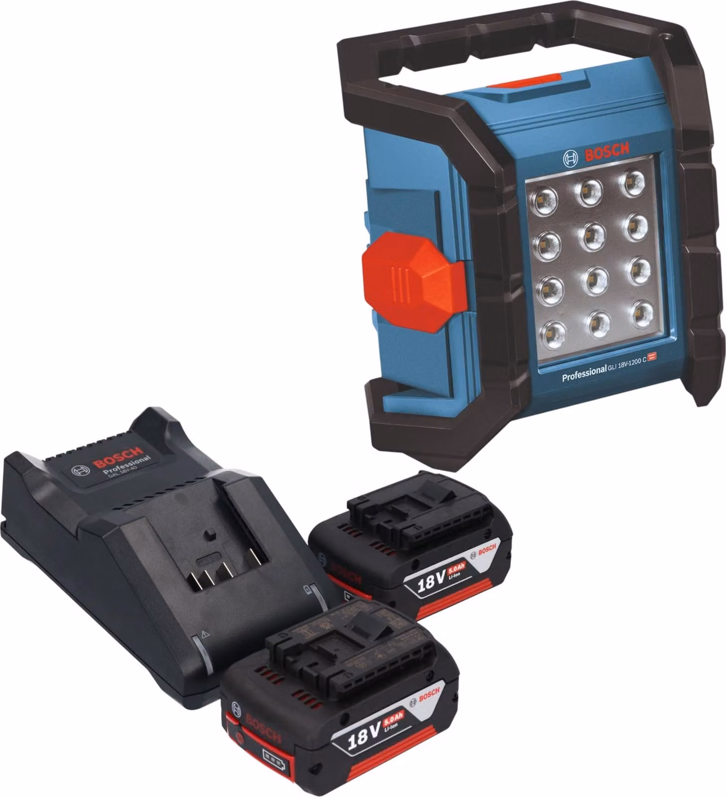 Faro da cantiere a batteria Bosch GLI 18V-1200 C Professional 18 V 1200 lm + 2 batterie da 5,0 Ah + caricabatterie