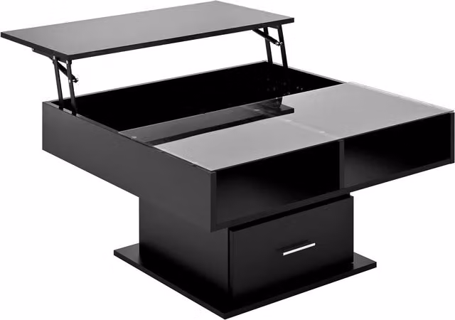 Tavolino da salotto moderno GL Store nero laccato lucido con meccanismo alzabile, illuminazione LED e vano contenitore, L/P/H: 78 x 78 x 45,5 cm