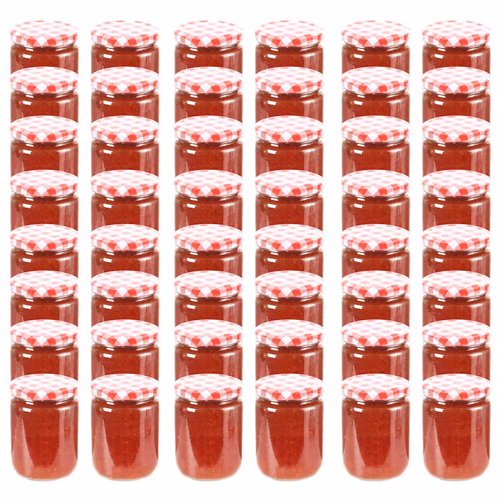 Set di 48 vasetti per marmellata vidaXL in vetro trasparente con coperchio bianco e rosso, capacità 230 ml