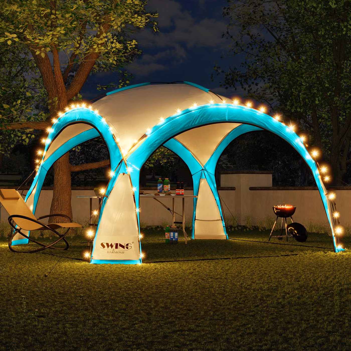 Padiglione per eventi a LED XXL DomeShelter 450cm giardino incl. pannello solare tenda da giardino di design tenda da campeggio con illuminazione - turchese