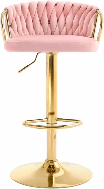 Sgabello bar regolabile in velluto rosa con schienale ergonomico e poggiapiedi