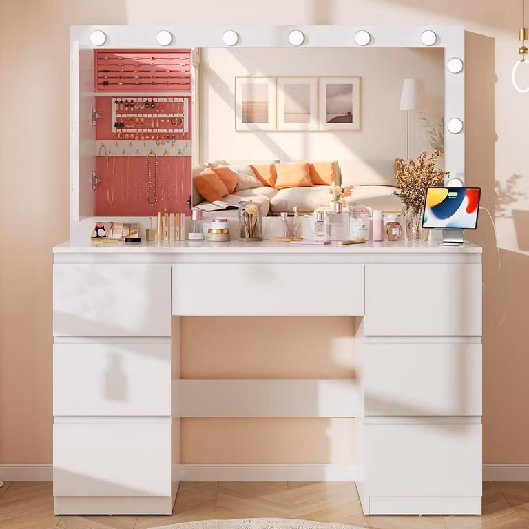 Comò da trucco con illuminazione a LED, 7 cassetti, contenitore per gioielli, prese di corrente, dimensioni 120x40x140 cm, colore bianco