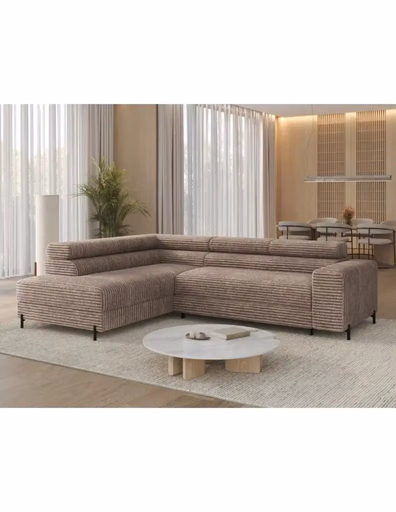 Divano angolare convertibile COLESIA MEUBLORAMA in velluto a coste marrone, modello a sinistra con funzione letto e poggiatesta regolabile, L 274 cm x P 200 cm – 2