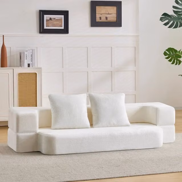 Divano letto pieghevole 2 posti ULEVR color bianco crema con imbottitura in schiuma e molle, cuscini inclusi