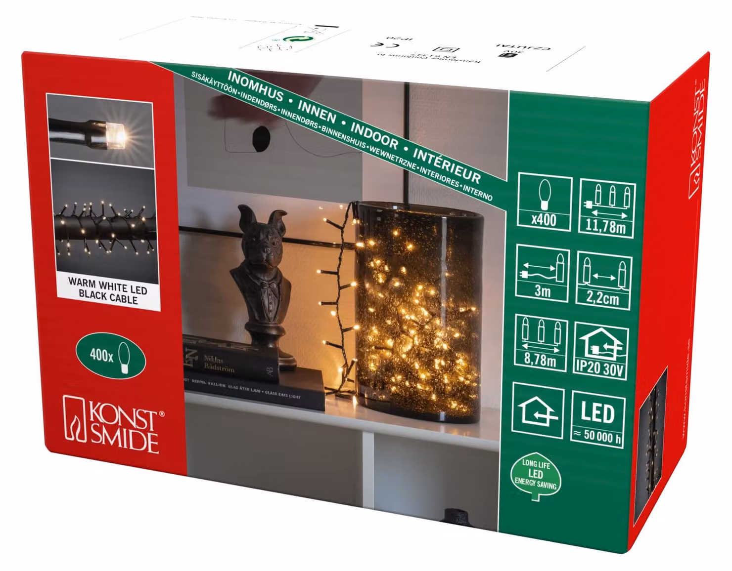 Catena luminosa a micro LED, 400 LED bianco caldo, 6W, 30V, cavo nero
