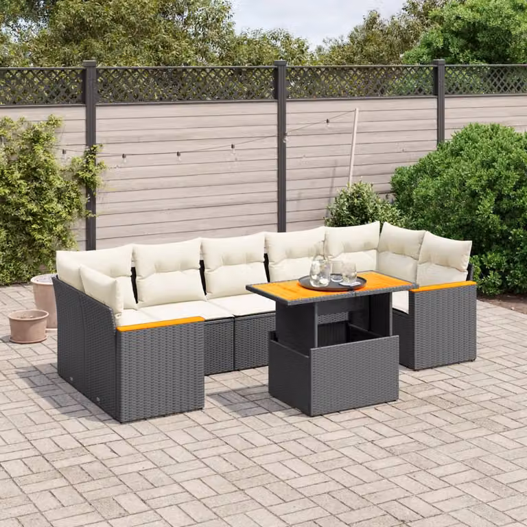 Set Divani da Giardino a L vidaXL in Polyrattan Nero con Cuscini e Tavolino da Esterno 8 pz