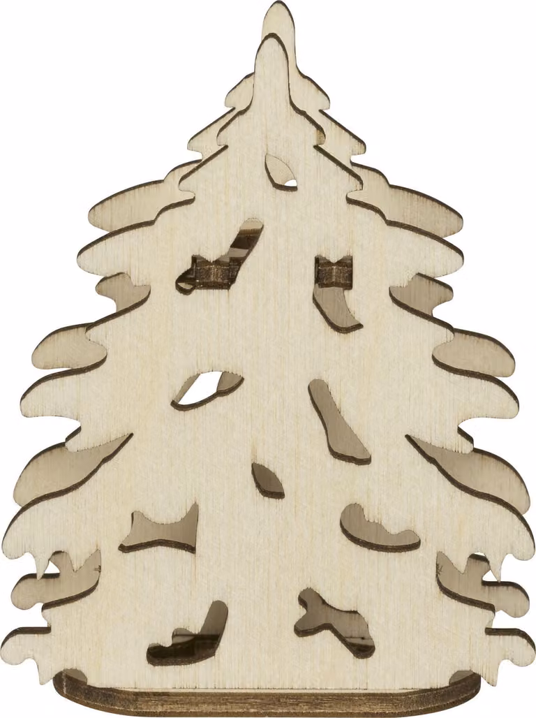 Albero decorativo in legno da applicare, per illuminazioni natalizie e decorazioni luminose. Dimensioni: 5,5 x 6,5 x 2,5 cm. Nuovo