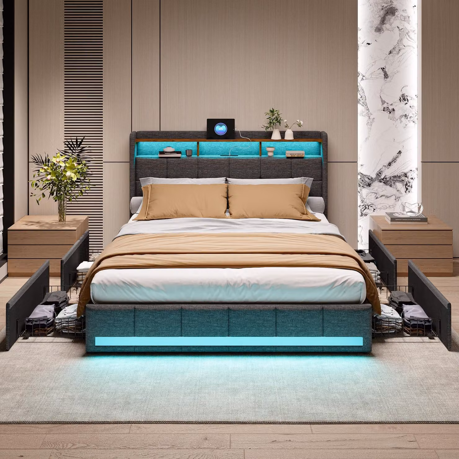 UnboxG Letto imbottito 180x200cm con USB e prese, letto per ragazzi letto matrimoniale con 4 cassetti, letto contenitore letto in legno massiccio con LED/Tipo-C e rete a doghe, lino, grigio