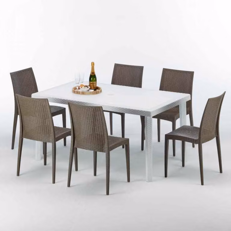 Tavolo rettangolare bianco e 6 sedie Set di bastoni da esterno in polipropilene colorato Grand Soleil Bistrot Summerlife - Marrone