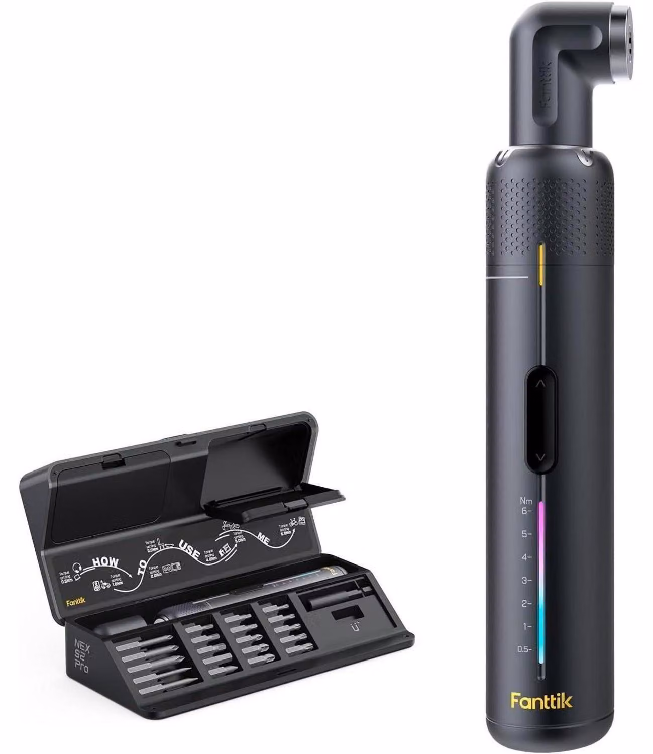 Set di avvitatori a batteria: 7 impostazioni di coppia, da 0,5 a 6 Nm, 20 punte, adattatore esagonale da 1/4 di pollice, adattatore a 90°, luce LED, batteria da 2000 mAh, connettore di tipo C