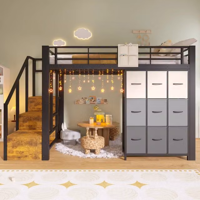 Letto a soppalco in metallo con cassetti e scala contenitore, 140x200 cm, nero