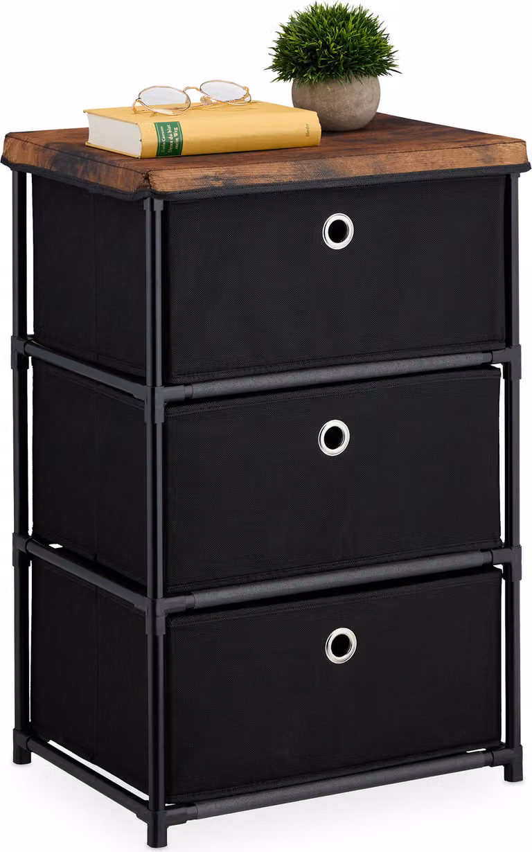 Comodino Relaxdays, 3 cassetti in tessuto, metallo, effetto legno, 65x43x33 cm, soggiorno, ingresso, comodino, nero/marrone