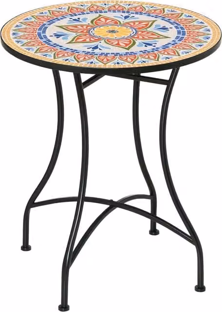 Tavolo da giardino rotondo XYLO in metallo pieghevole con decorazione astratta multicolore, Diametro: 60 cm