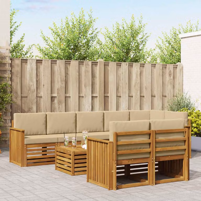 vidaXL Set di divani da esterno a L composto da 9 pezzi in legno di acacia con cuscini beige e marrone