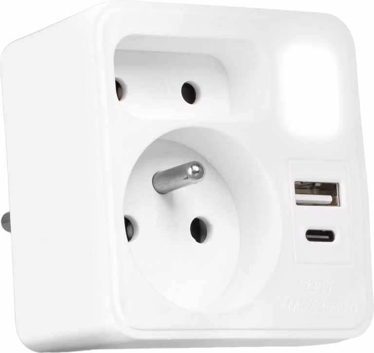 Vayox VA0373 Adattatore di presa a 2 scomparti + USB-A + USB-C + luce notturna, bianco
