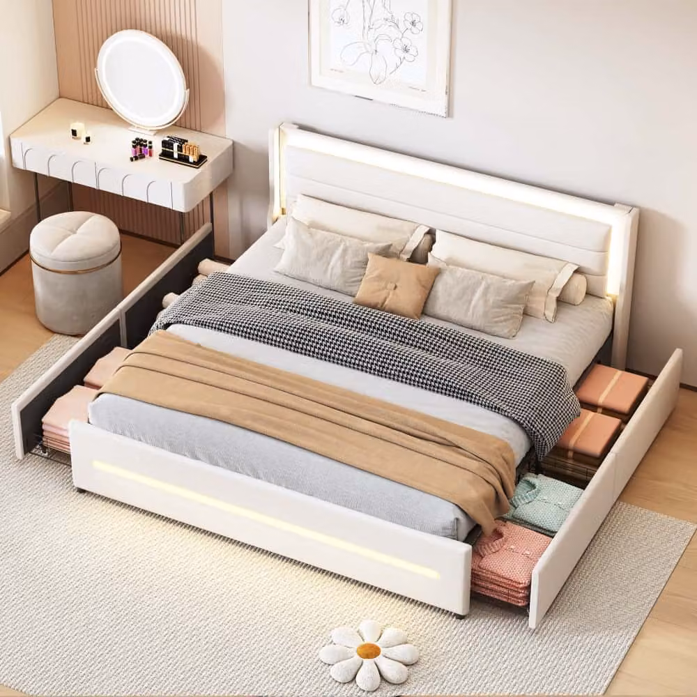 Letto imbottito AIORBER, 180x200cm, con illuminazione LED, con quattro scomparti, tessuto di lino, testata imbottita, letto matrimoniale, con rete a doghe, beige