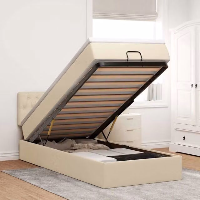 Letto con contenitore a sollevamento vidaXL in tessuto beige e bianco con materasso, L/P/H: 90 x 190 x 88 cm