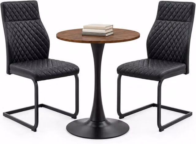 Set tavolo e sedie con tavolo rotondo e 2 sedie, in MDF, metallo e pelle sintetica nero e noce