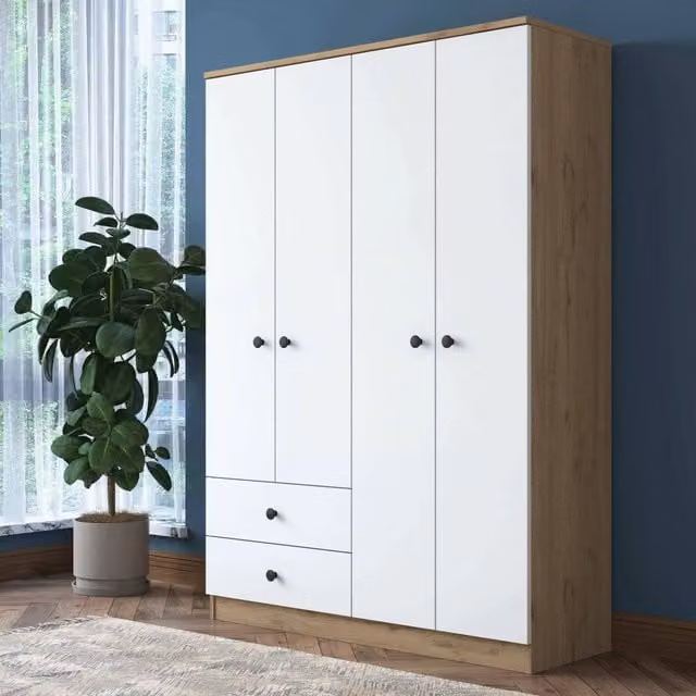 Armadio da camera da letto moderno DMORA con ante a battente e cassetti interni, finitura opaca, L: 120 cm, H: 170 cm, colore marrone e bianco – 1