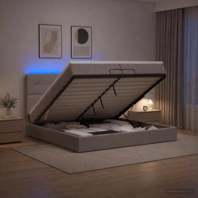 Letto Ottomano con Materasso Ibrido e Illuminazione LED vidaXL, Colore Grigio e Beige, L/P/H: 200 x 203 x 88 cm