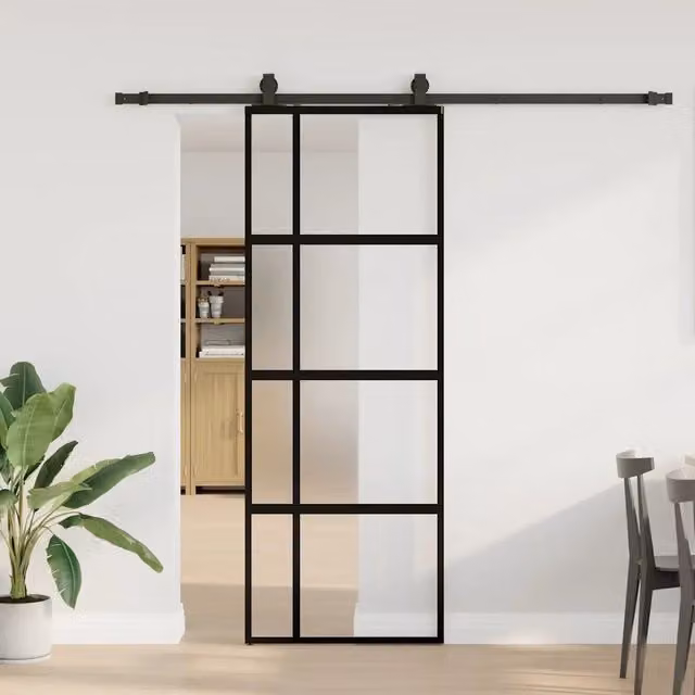 Porta Scorrevole Moderna vidaXL in Vetro Trasparente e Alluminio con Ferramenta Nera L: 76 cm, H: 205 cm