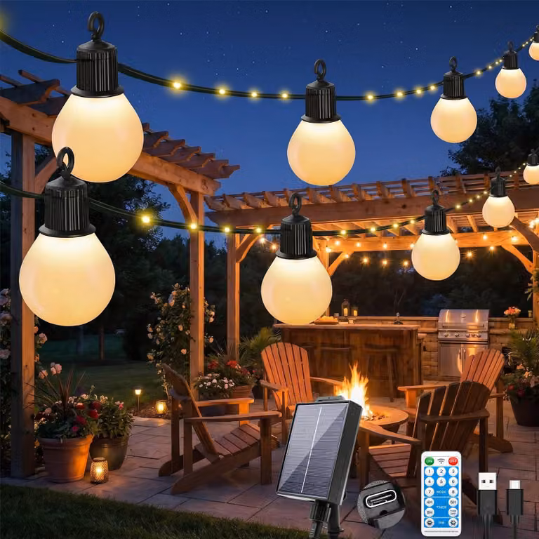 Catena luminosa solare per esterni, 10 metri, 100 LED, 20 lampadine, luce bianca calda