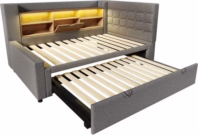 Letto imbottito 90x200 cm con letto estraibile 90x190 cm, illuminazione LED e spalliera a L con contenitore, grigio, senza materasso