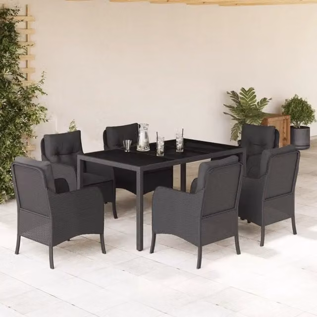 Set da pranzo da giardino vidaXL in polyrattan nero con tavolo in vetro e 7 pezzi