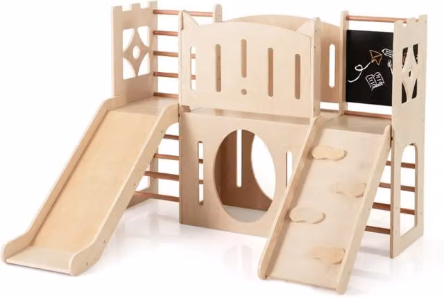 Area giochi interna 8 in 1 HELLOSHOP26 in legno naturale beige con scivolo e tunnel, L 142 cm x P 124,5 cm x H 100 cm