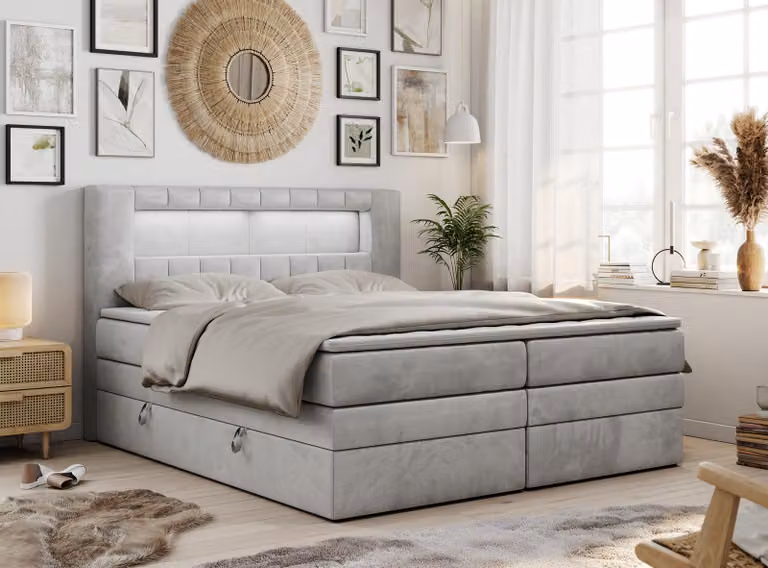 Letto boxspring con testiera LED e topper - GOLD-5-KING - 200x200 cm - Grigio chiaro - Rigido (H4)