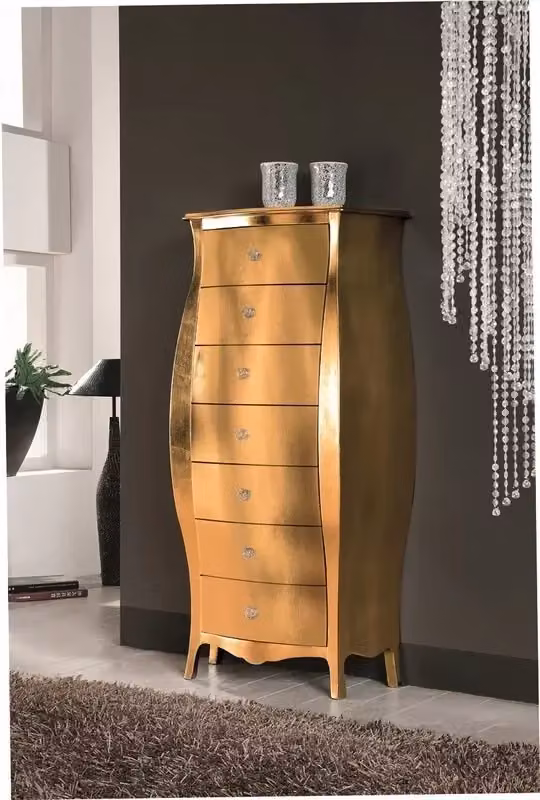 Cassettiera classica bombata in legno di pino con foglia oro Mobili 2G L: 74 cm, P: 37 cm, H: 142 cm – 2