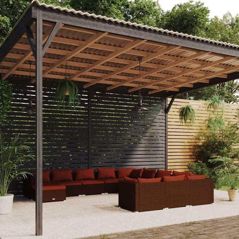 Set di divani da giardino vidaXL a forma di L con cuscini marroni e rossi in rattan e struttura in acciaio verniciato a polvere