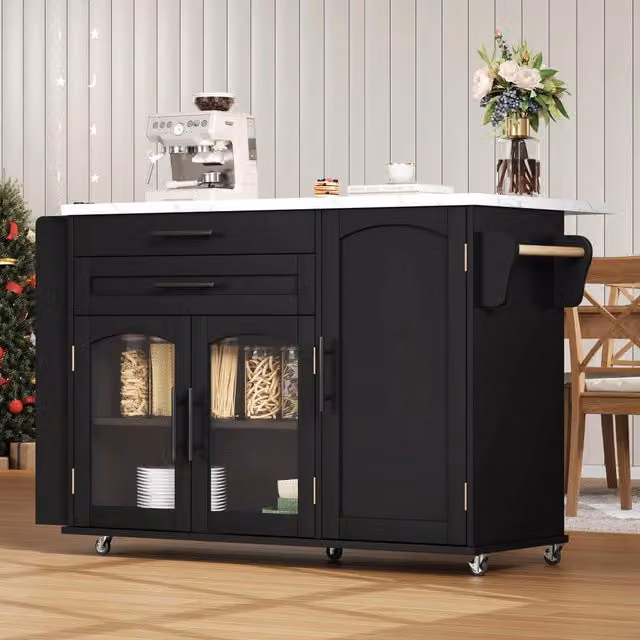 Carrello da cucina con piano pieghevole, 2 ante in vetro e 2 cassetti, ripiani regolabili, per cucina e sala da pranzo