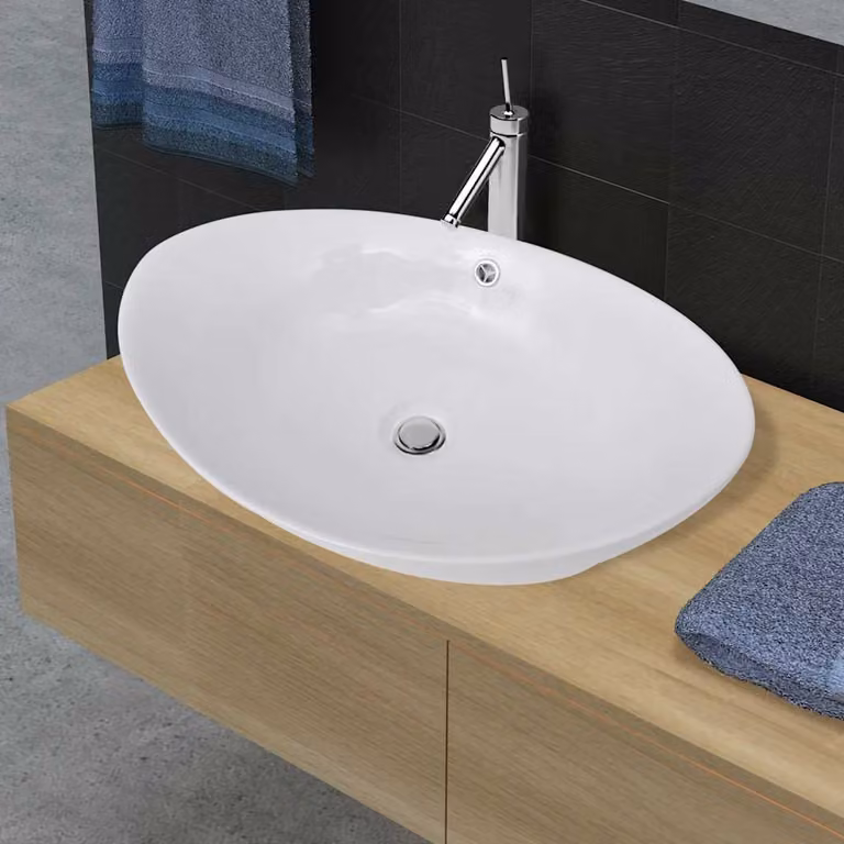 Lavello ovale da appoggio in ceramica bianca vidaXL con troppopieno L: 59 cm, P: 38,5 cm, H: 19 cm