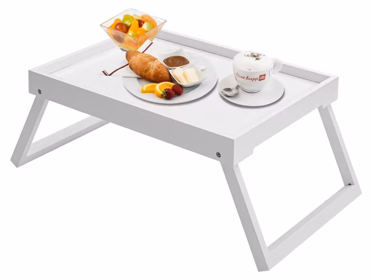 Tavolino da letto in bambù con gambe pieghevoli, cassetto per la colazione, scrivania portatile per letto o divano, bianco, multifunzionale