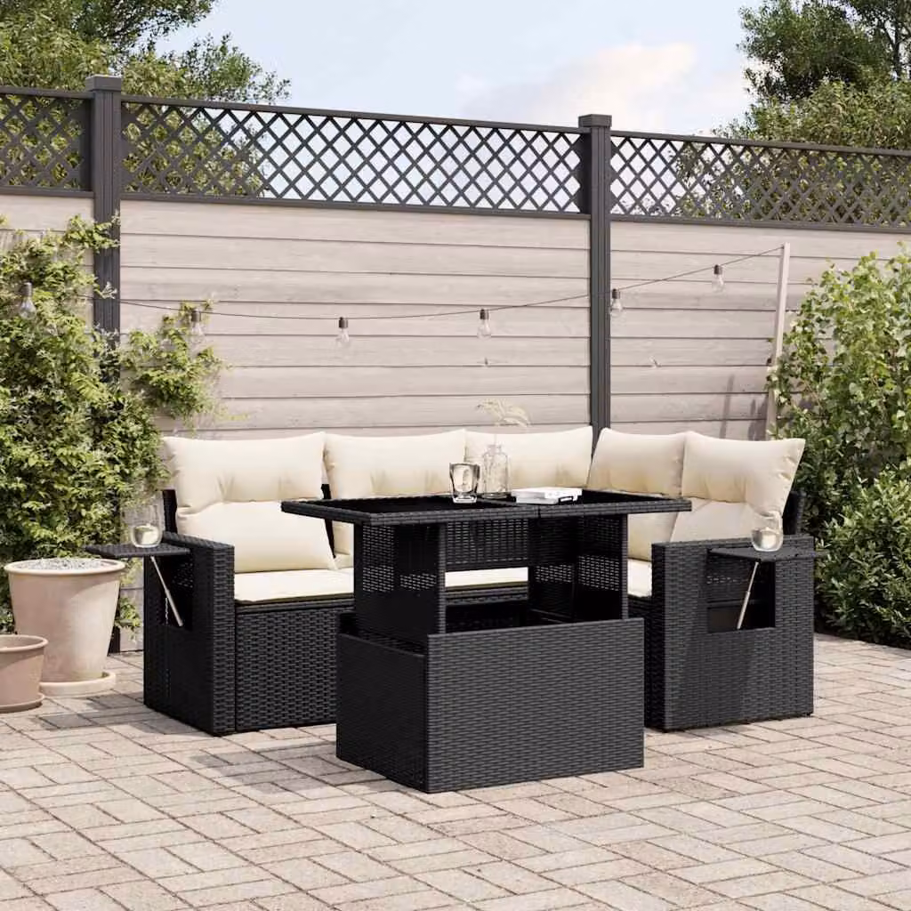 vidaXL Set Divani da Giardino 5 pz a Forma a L in Polyrattan Nero con Cuscini e Tavolino – 1