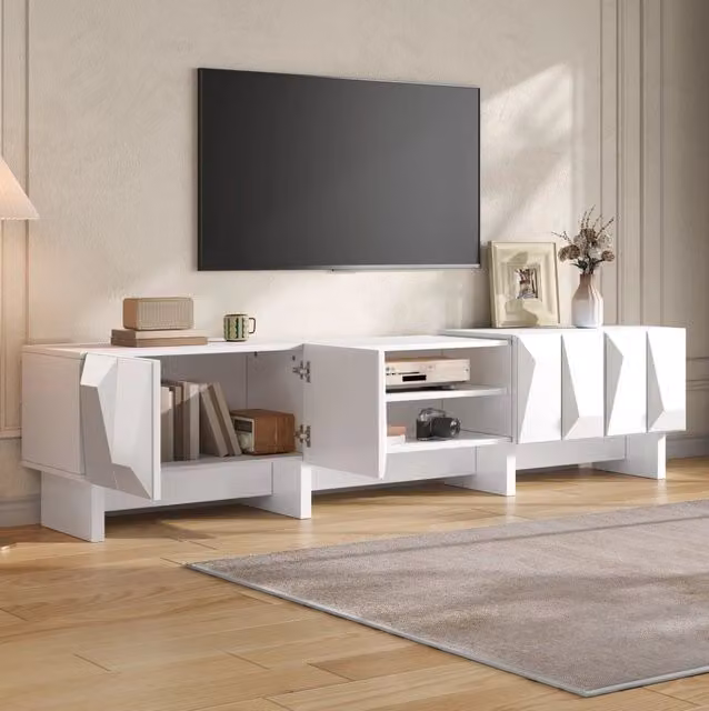 Mobile TV bianco in truciolato con 4 ante e vani aperti, con passacavi, per soggiorno 180x34x44,5 cm