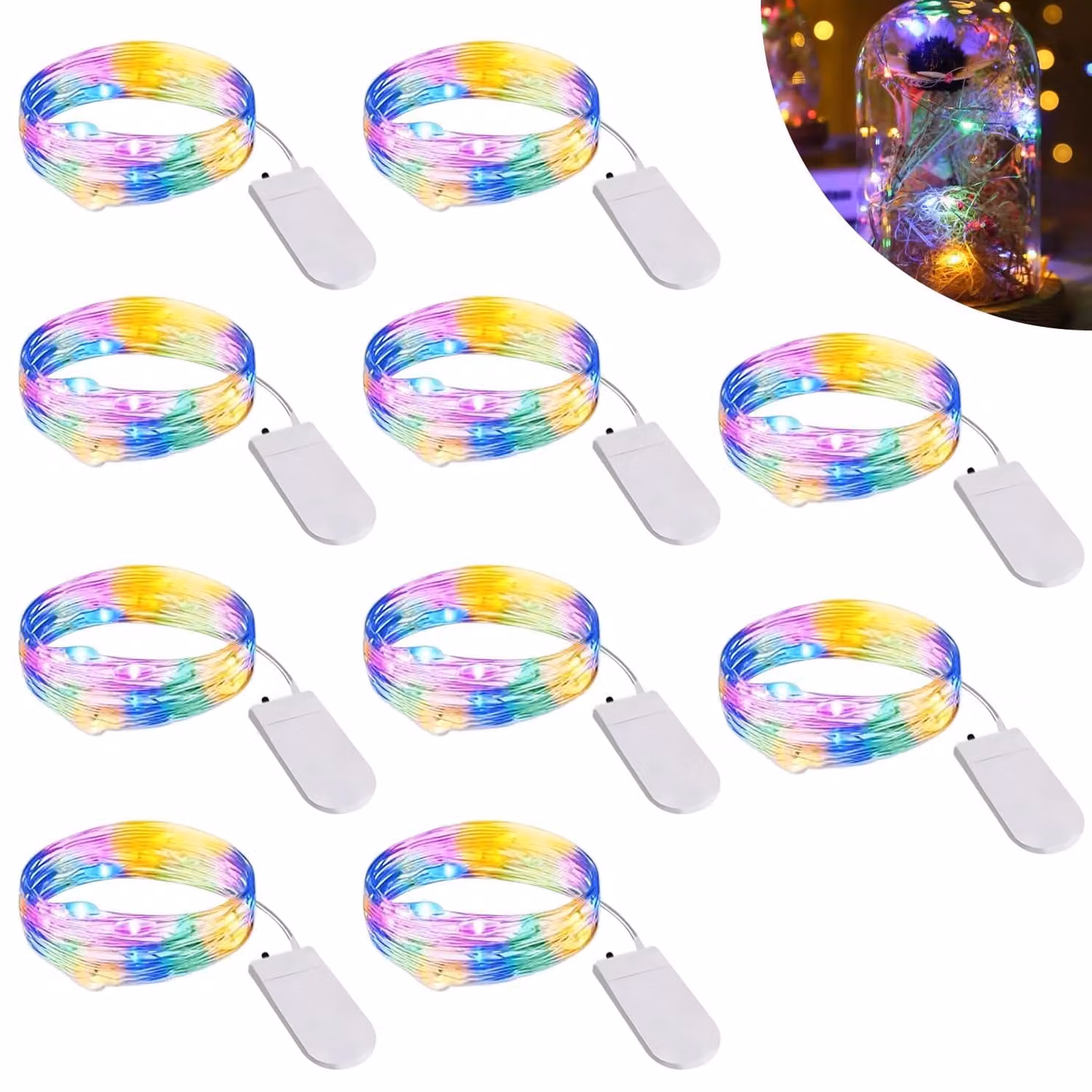 Catena luminosa a LED, set da 10 luci, 2 metri, multicolore, alimentata a batteria, grado di protezione IP67