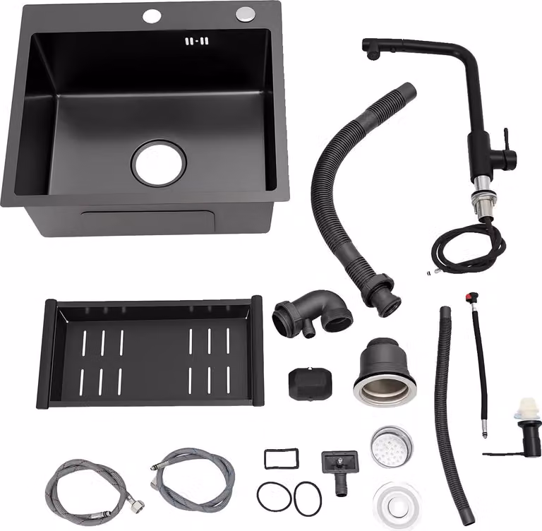 Lavello da cucina, struttura in acciaio inox, compreso rubinetto estraibile, nero
