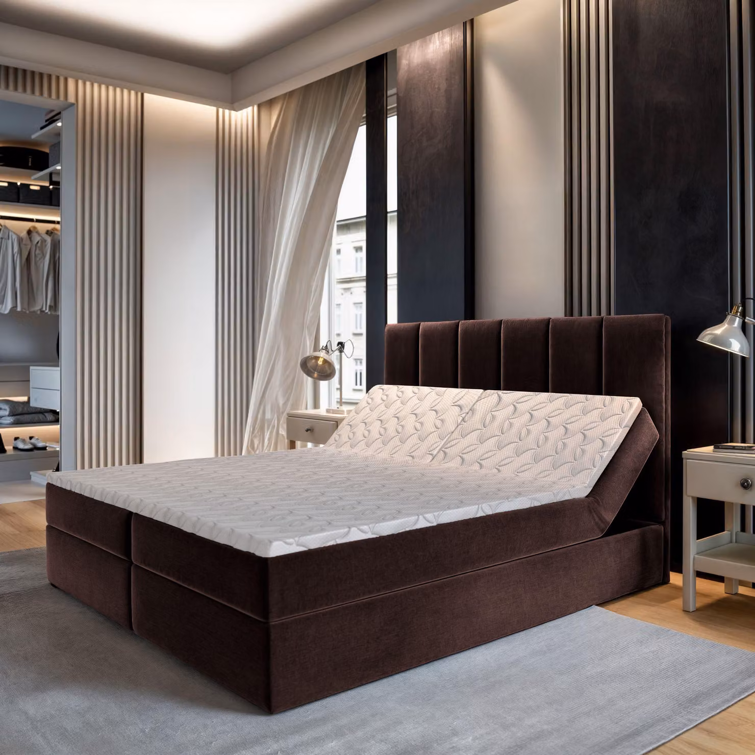 Masseno letto a molle BARINO 140x200 cm completo di materasso bonell e topper, letto imbottito con cassettiera - marrone, KRONOS 06