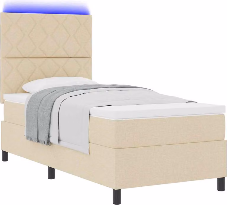 Letto boxspring con strisce luminose a LED, color crema, 90 x 200 cm, rivestimento in tessuto