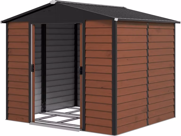 Capanno per attrezzi 4,4 m², capanno da giardino con tetto spiovente, porta scorrevole, fondazione, 240 x 206 x 198 cm, capanno per attrezzi in acciaio zincato, resistente alle intemperie, per giardino, teak