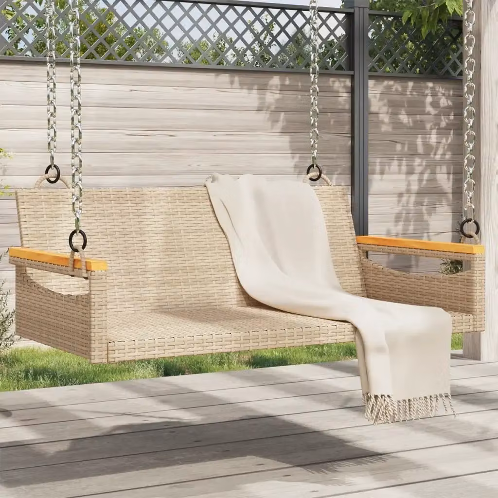 Panchina a dondolo da giardino in polyrattan beige con cuscini e braccioli L: 109 cm, P: 62 cm, H: 40 cm – 2