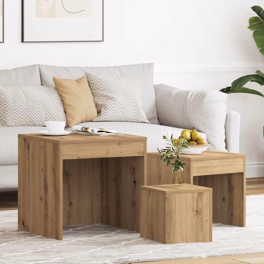 Set di 3 tavolini impilabili vidaXL in legno multistrato e MDF, design moderno, colore rovere, forma quadrata